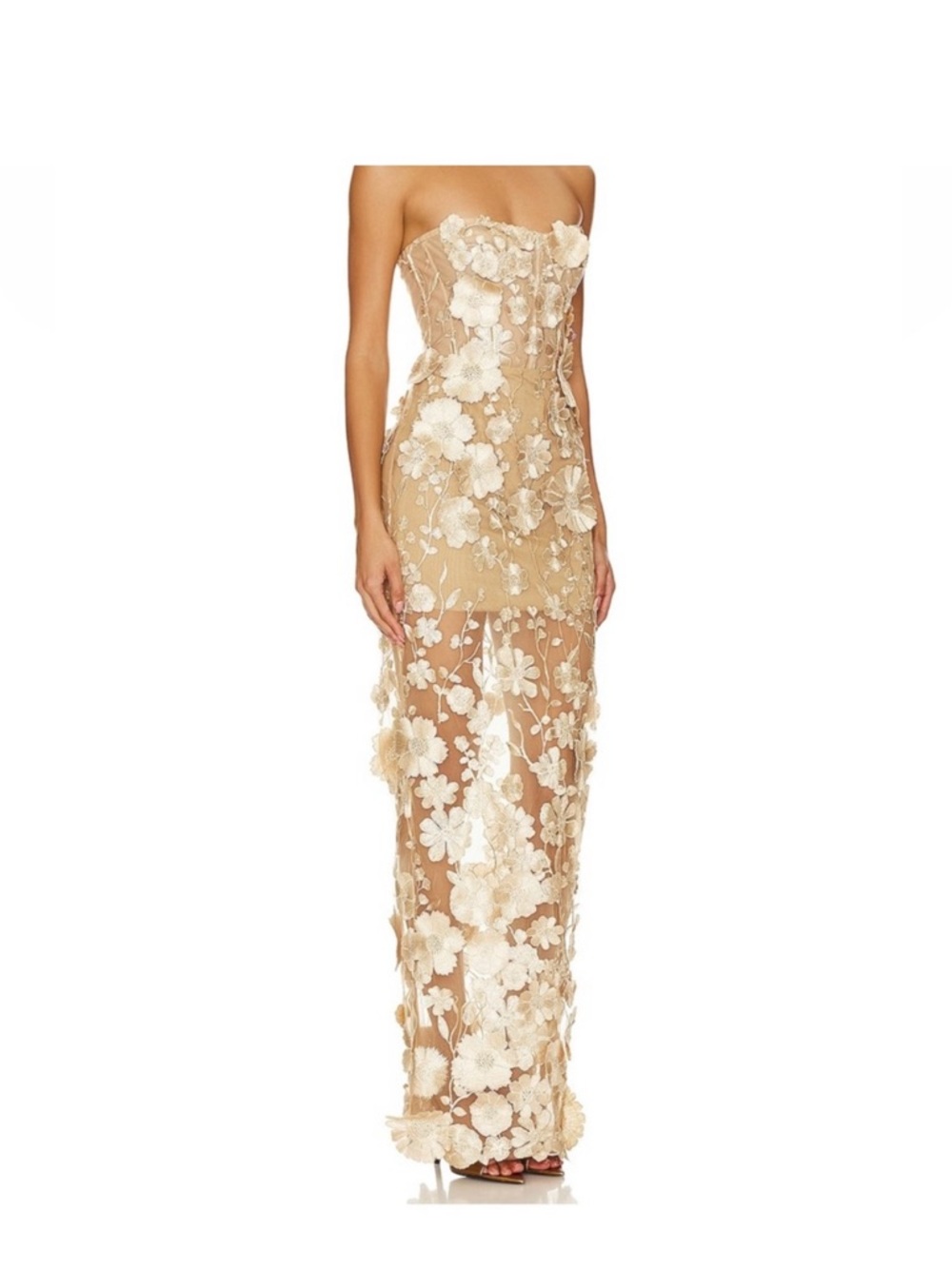 Strapless Floral Embroidered Maxi Jasmine Dress Gown in light Gold Bronx - Picture 2 of 10